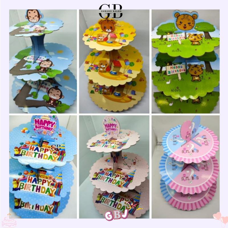 GBJ - Stand Cupcake 3 Susun Motif Happy Birthday / Tatakan Kue Ulang Tahun 3 Tingkat