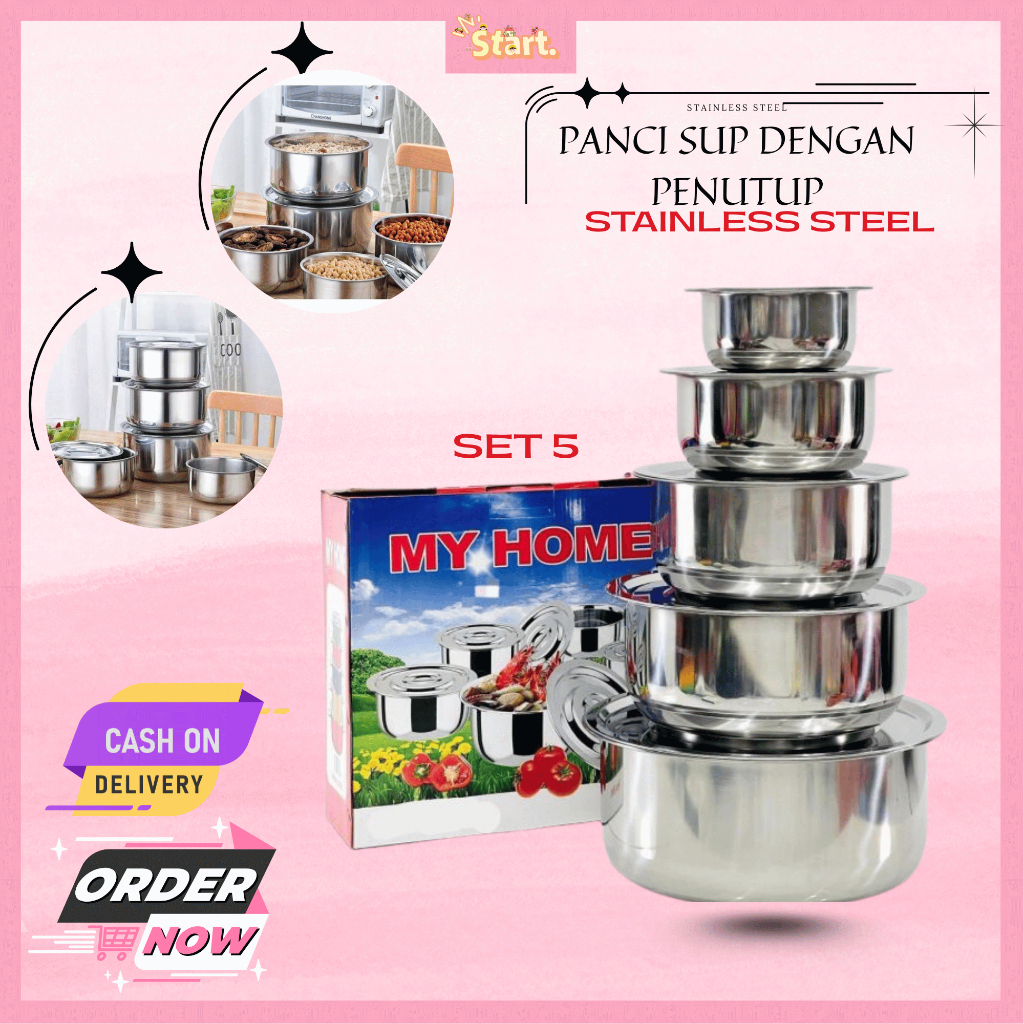 (COD) Start Point Panci Set  My Home Stainless Steel 5 Susun/Panci Sup Soup Baskom dengan Tutup Stai