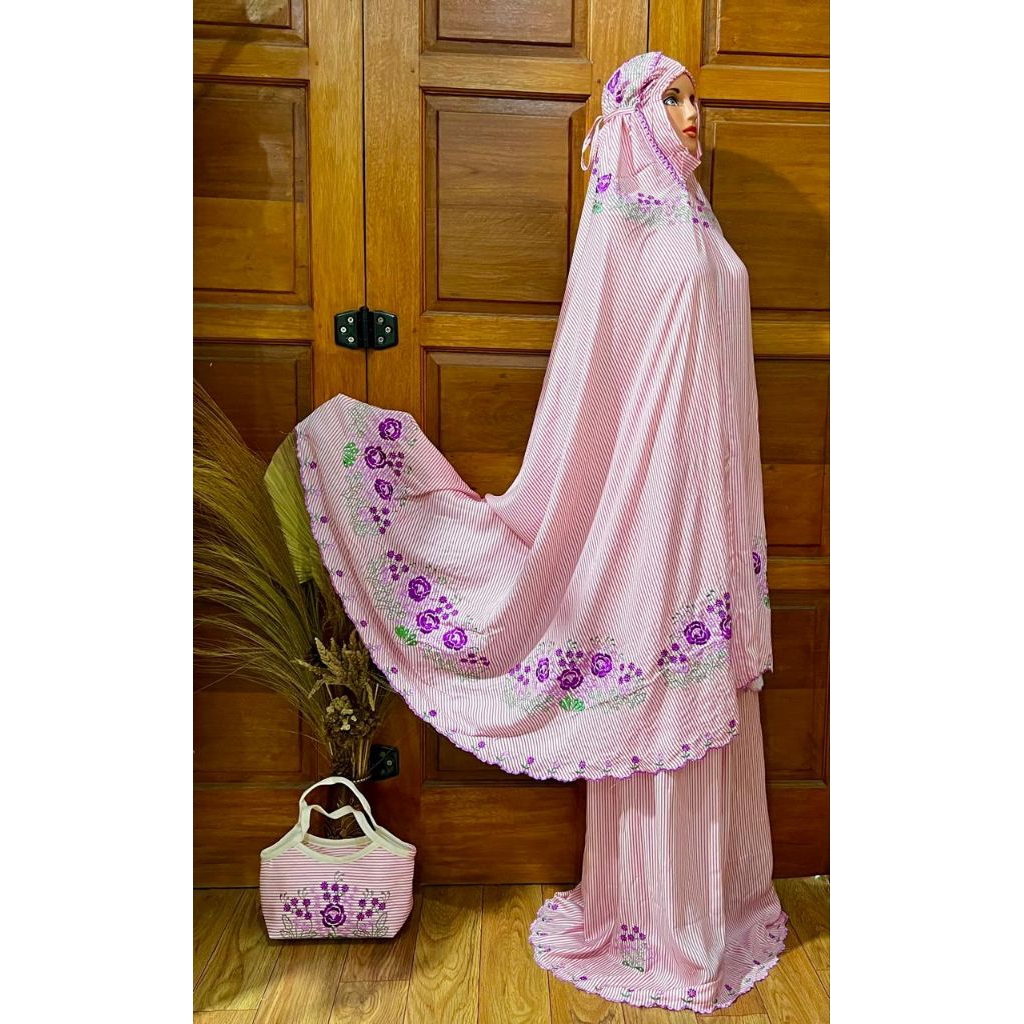 Mukena Rayon Motif Salur Bordir Mawar