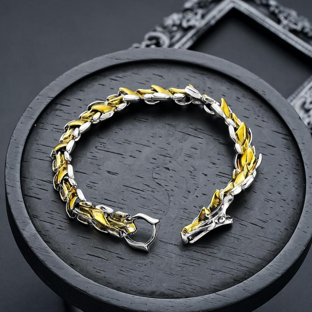 AURAVIBE-"Gelang pria tulang naga warna emas Desain unik, gaya punk, dominan dan berkelas, tidak mud
