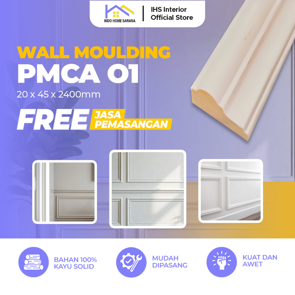 Jasa Pemasangan Wall Moulding Lis Kayu PMCA 01 Ukuran 20x45x2400mm - List Profil Dekorasi Dinding