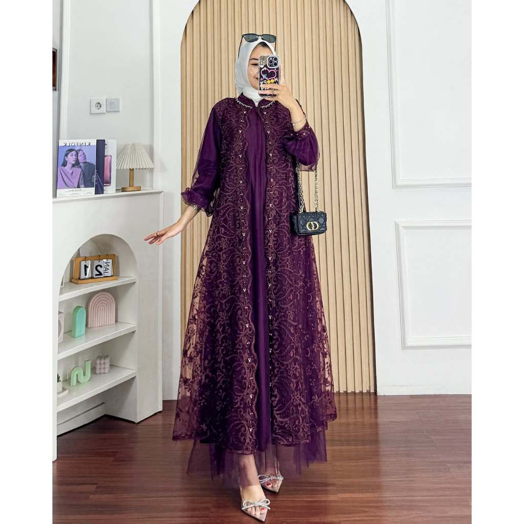 Gamis Pesta Mewah Elegant Warna Mahogandy Ukuran Jumbo XXL - 3XL / Baju Gamis Kondangan Wanita