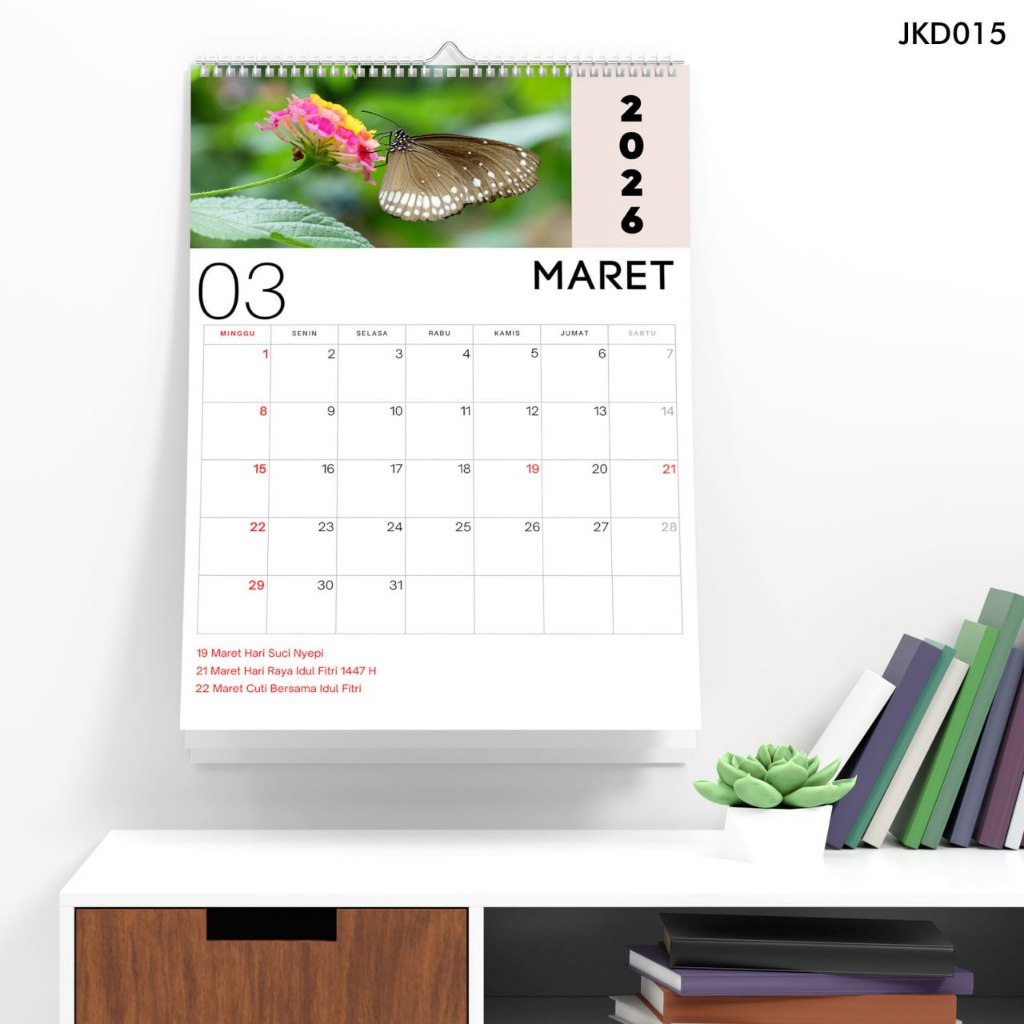 Kalender Dinding Spiral A3 2026 desain tema Bunga kupu-kupu Aesthetic Lengkap Libur Nasional