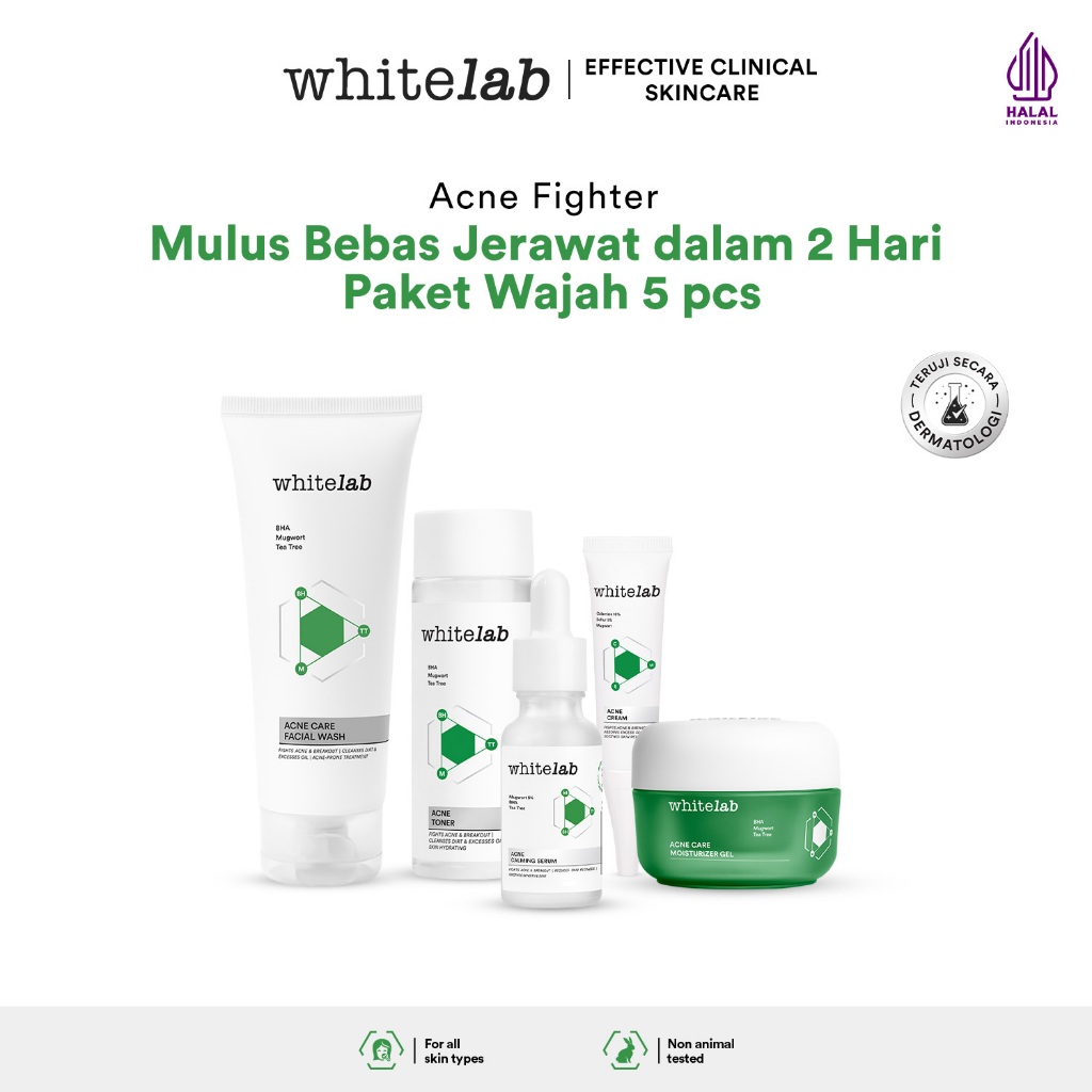 Whitelab 5 pcs Paket Acne Lengkap - Facial Wash, Toner, Serum, Moisturizer, Acne Cream Paket Skincar