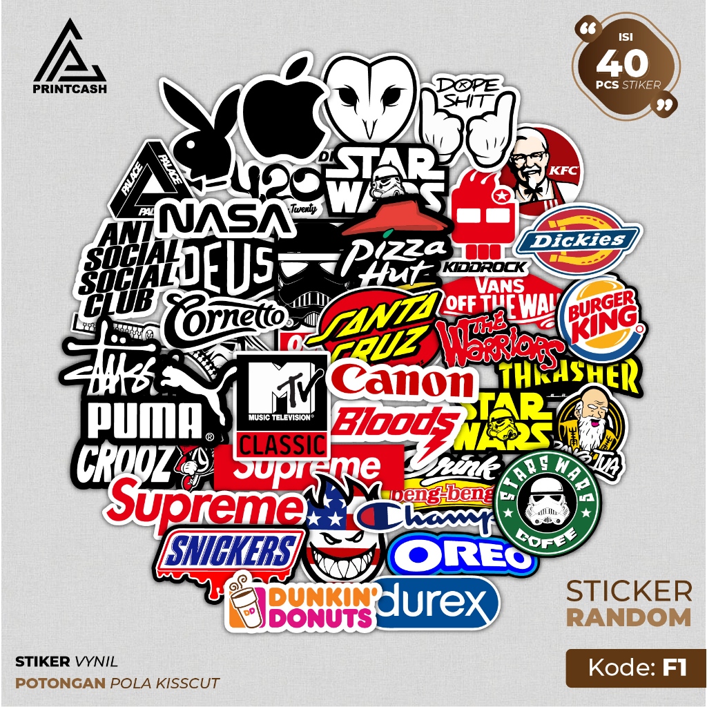 Sticker Pack Logo Brand Random Isi 40pcs - Stiker Vinyl Aesthetic Untuk Laptop Helm Tumbler - F1