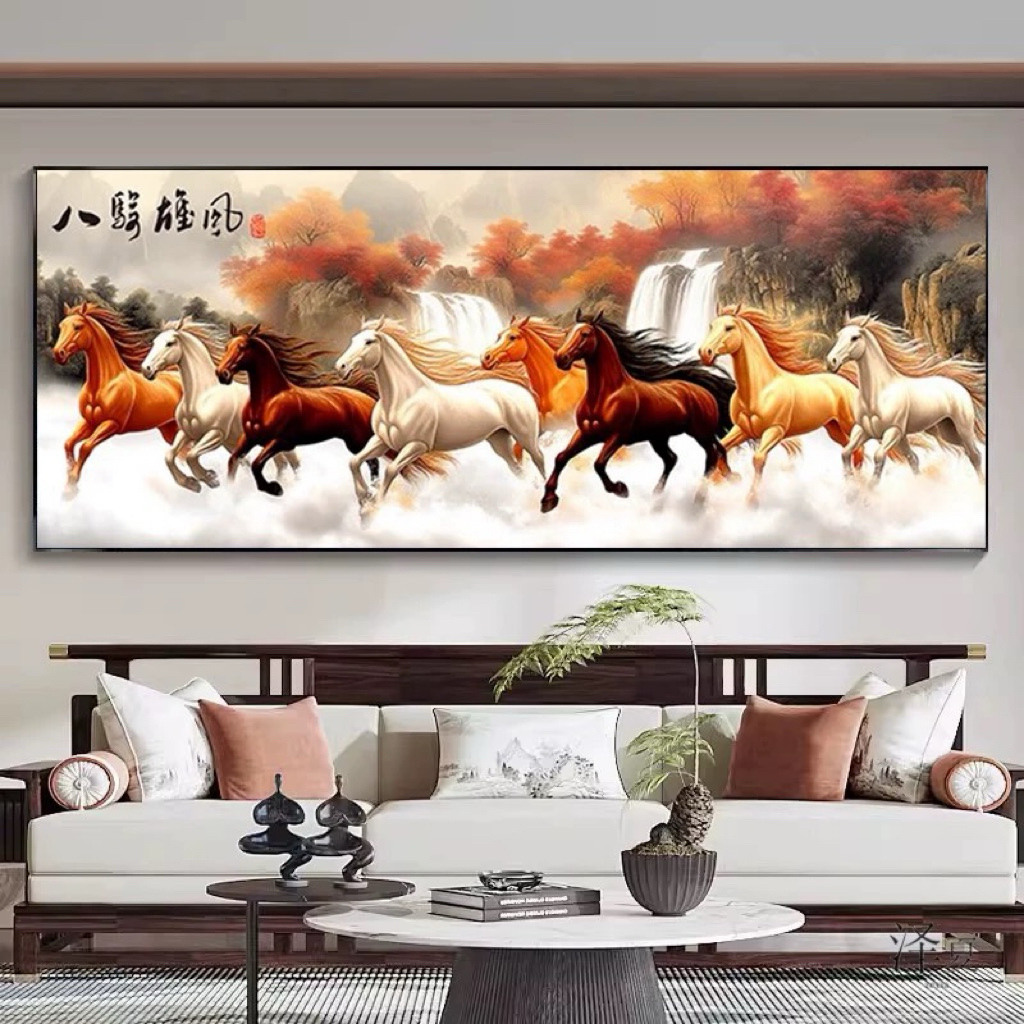 HUATPAINTING | Lukisan Porcelain Diamond Kristal 5D (LED) Motif 8 Ekor Kuda Fengshui Cina / Lukisan 