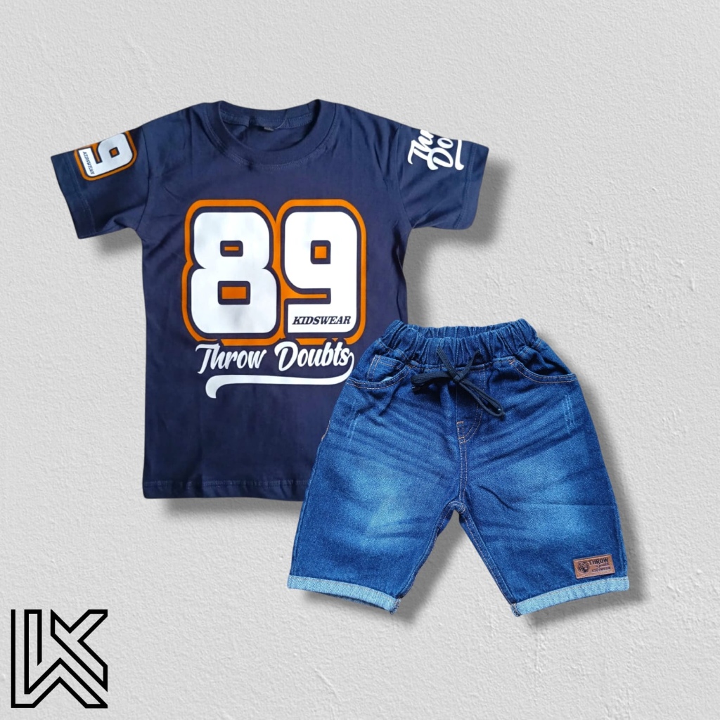 Kidora Wear | Setelan Kaos BaseBall Celana Jeans Stik Balik Anak Usia 4-12 Tahun