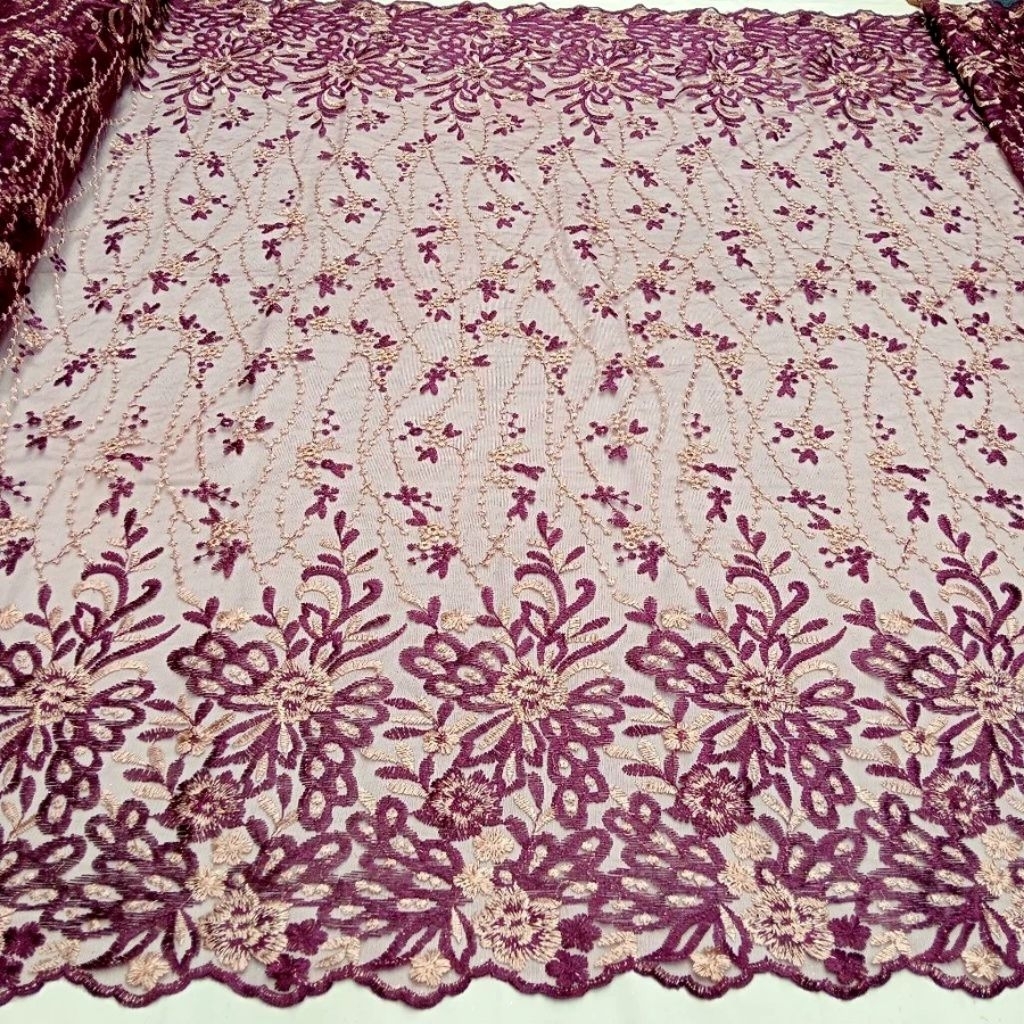 Kain tile bordir two tone meteran murah/Bahan kain tulle motif bunga timbul terbaru