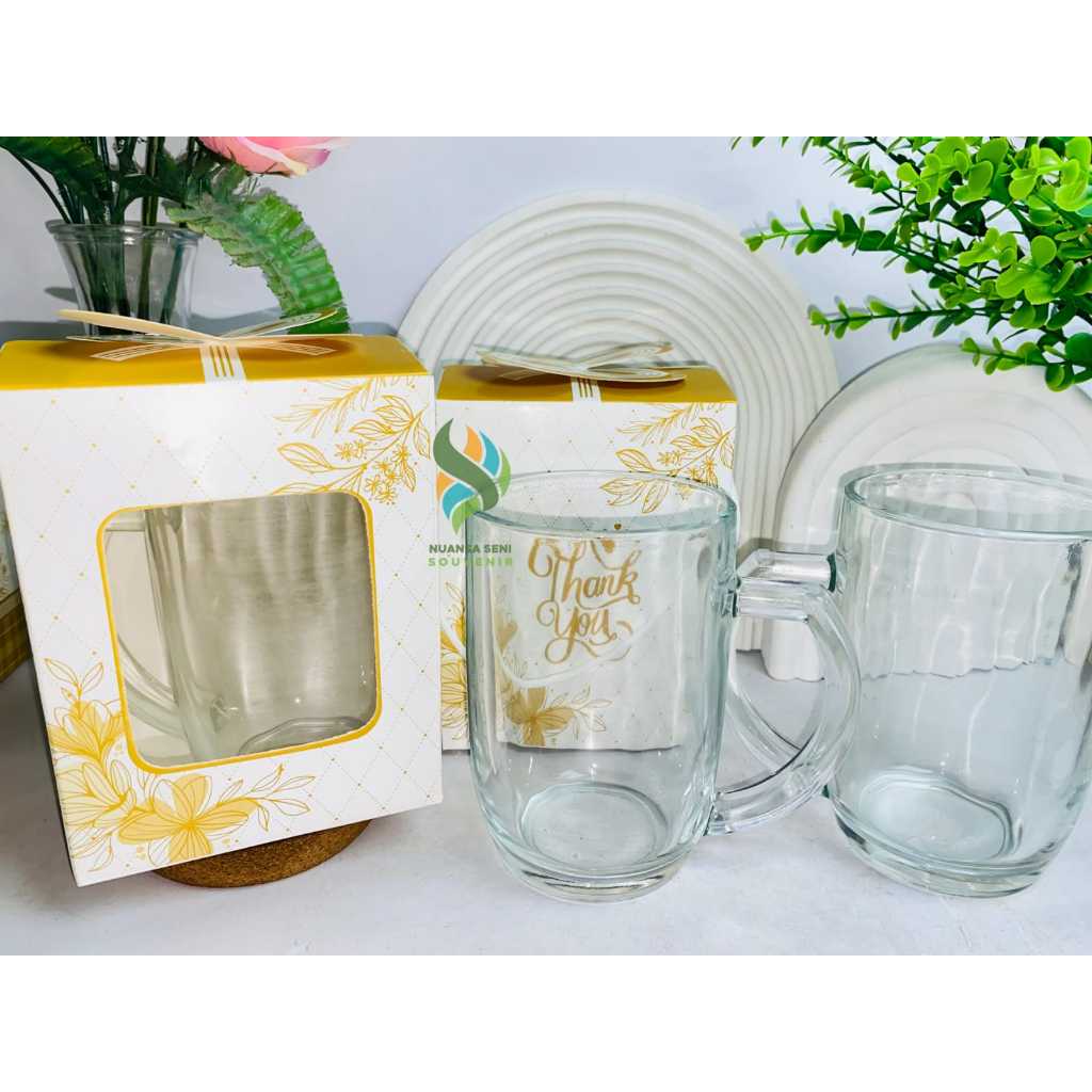 Souvenir Gelas Minum Mug Jumbo Cangkir Kaca Gagang Besar Tumbler Jus Bening Polos