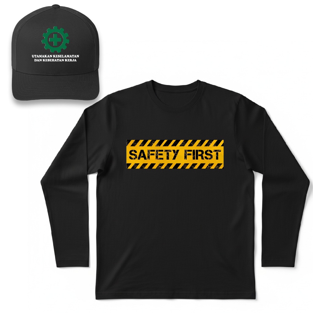KAOS SAFETY FIRST CORAK KOTAK KUNING KUNYIT BONUS TOPI KEREN LENGAN PANJANG