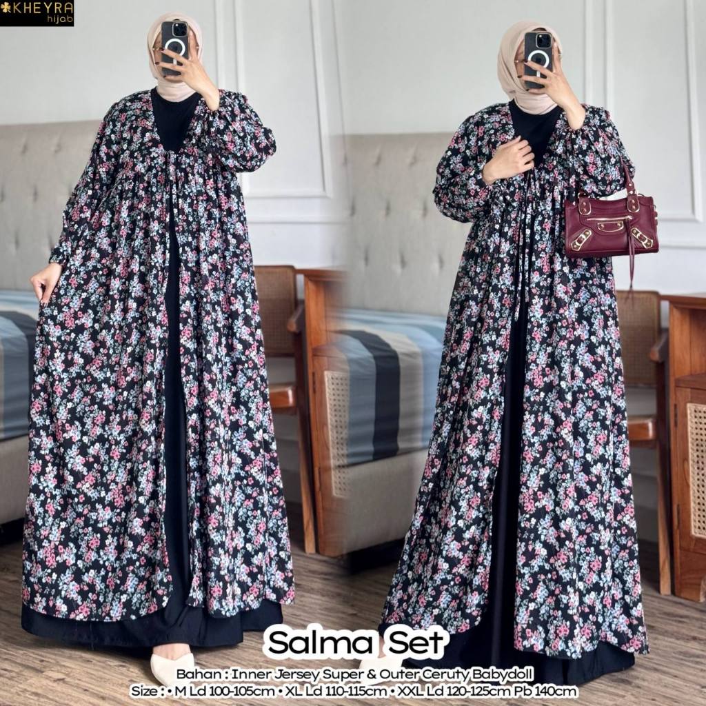 Salma Dress Set Original Kheyra Hijab Inner Jersey Super, Outer Ceruty Babydoll Dress set 2in1 Salma