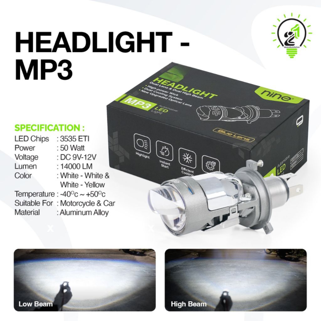 LAMPU LED MINI PROJECTOR H4 BLUE LENS NINE LUXIMOS MP3 MP3Ultra 50WATT EXTREME BRIGHT 1 LAMPU