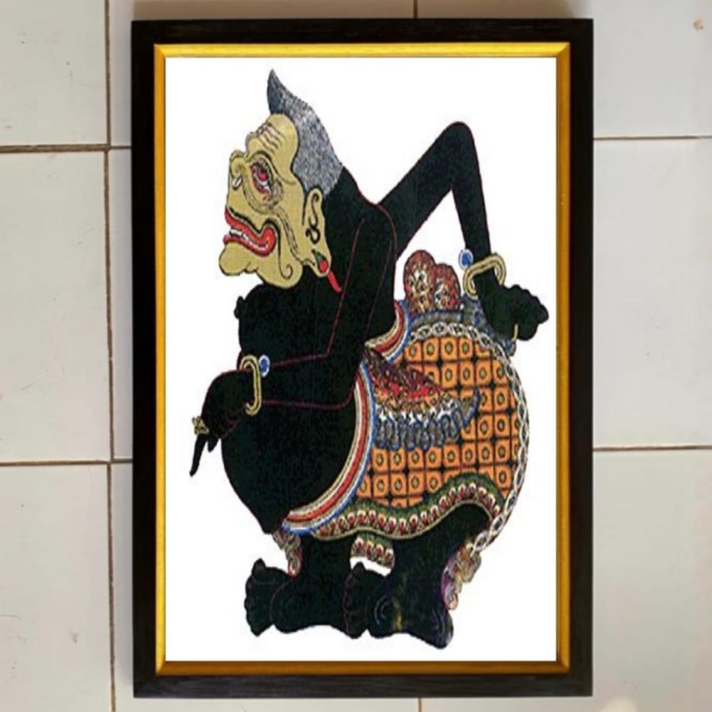 Hiasan dinding lukisan Cetak gambar wayang kulit Semar plus bingkai ukuran 53cmx35cm