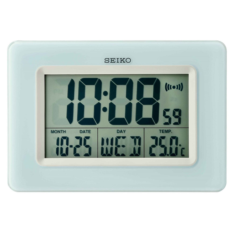 Jam Weker Seiko QHL058 QHL058L Plastic Case Blue Light Color LCD / Digital Dial Thermometer Bedside 
