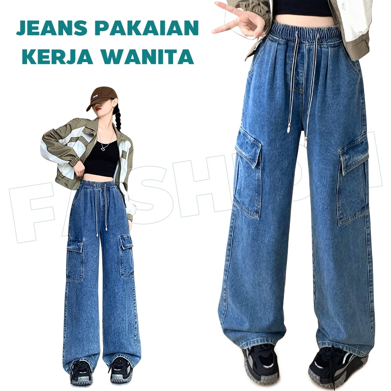 Celana panjang cargoWanita jeans Celana Cargo Panjang Jeans Korean Style Loose
