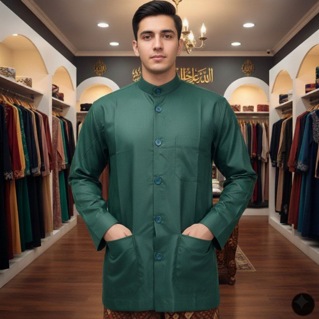 Baju Koko Pria Dewasa Polos Lengan panjang Warna Hijau Botol | Baju Koko Haibah Polos saku Depan Bah