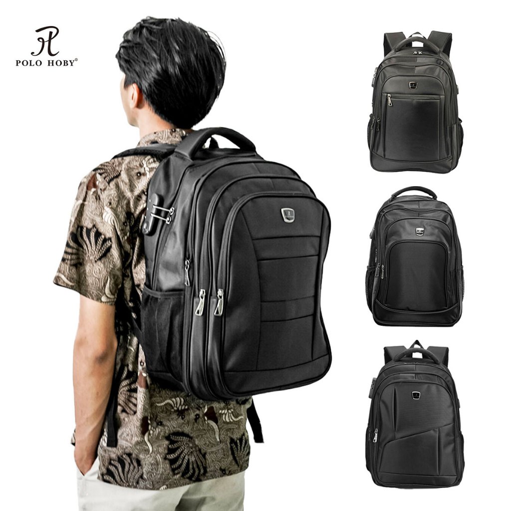 PoloHoby Tas Ransel Pria Waterproof USB Hitam Tas Baju Untuk Bepergian Tas Travel Dewasa Kapasitas B