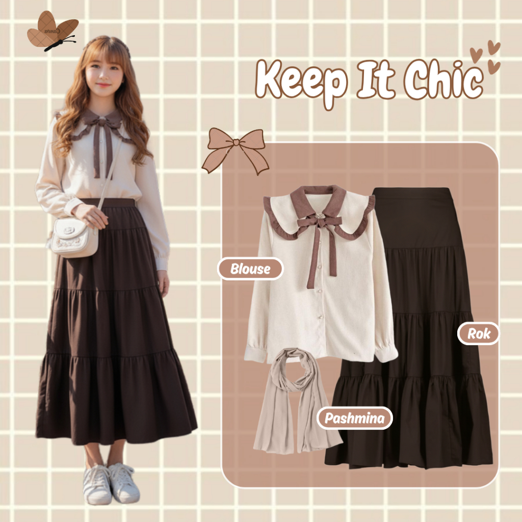 One Set Remaja Kekinian ( Blouse Pita + Rok Hyget Premium + Pasmina Ceruti ) Outfit Kuliah Wanita