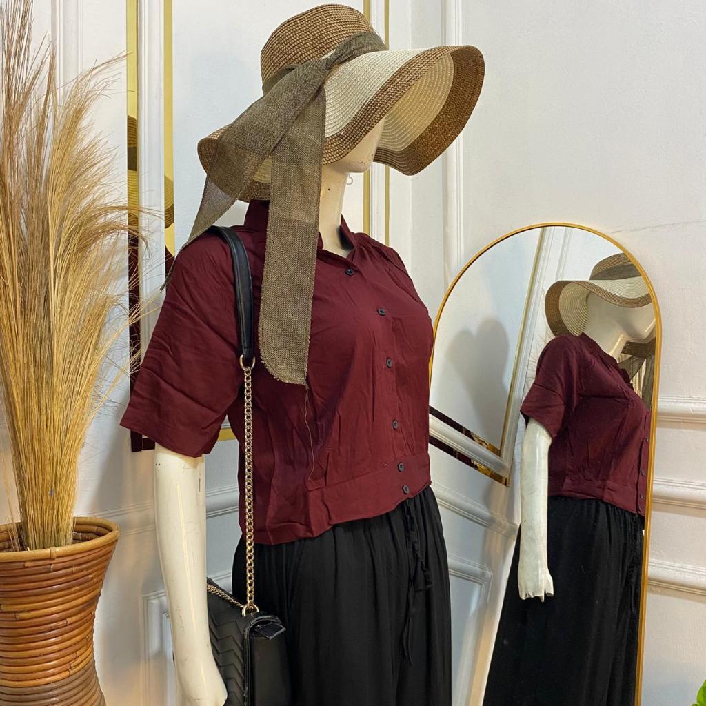 2621-Atasan Kerah Shanghai Lengan Pendek Wanita / Kemeja Crop Kancing Katun Rayon / Blouse Polos