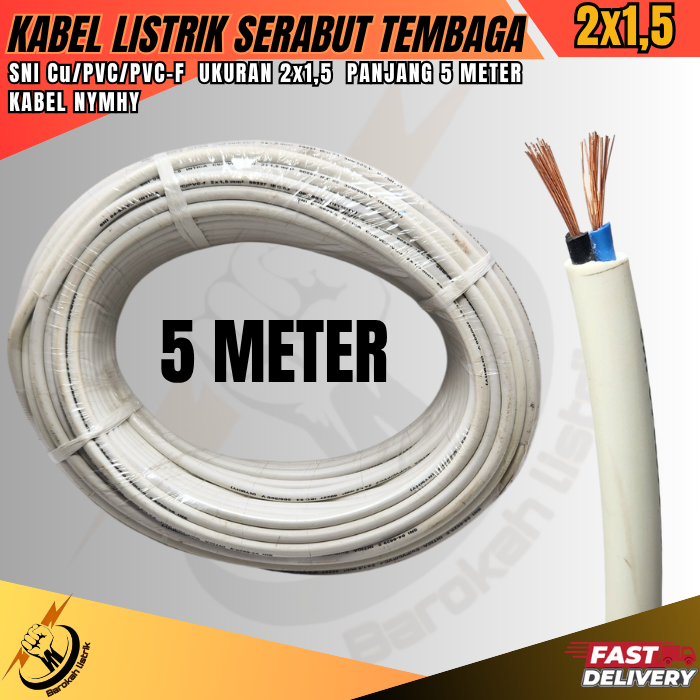 Kabel Listrik Serabut Tembaga SNI 2x1.5 NYMHY Putih PANJANG 5 METER / Kabel 2x1.5 Fleksibel PVC Lent