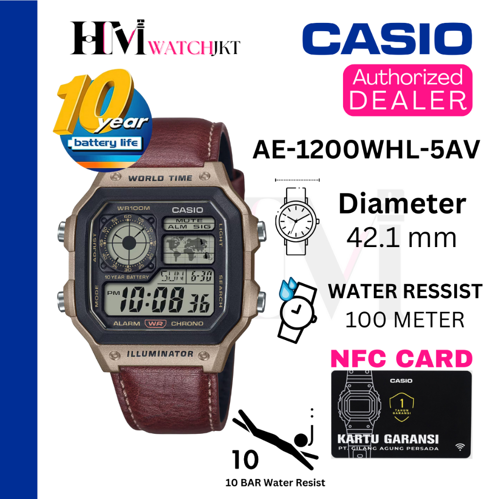 CASIO AE-1200WHL-5AVDF Jam Tangan Pria Original Digital Kulit Antiair AE-1200WHL-5AV AE-1200