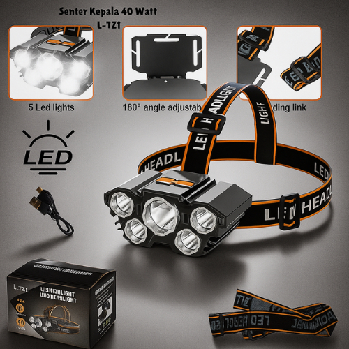 Senter Kepala 40 Watt L-T21 5 Led Rechargerable 4 Mode Cahaya Lampu Senter 50Watt Outdoor Camping