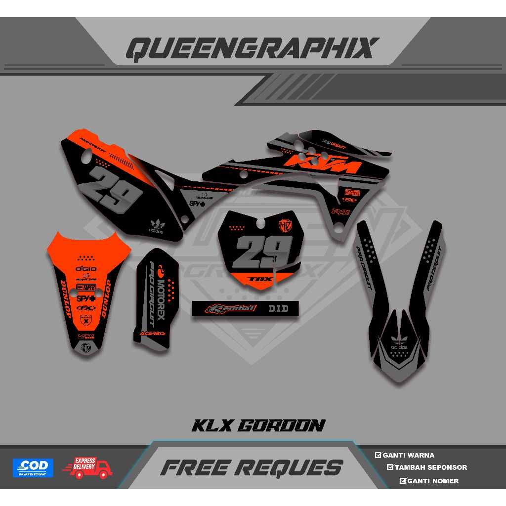 DECAL KLX GORDON GTX KLX GORDON BISA CUSTOM DESAIGN NAMA, NONOR, SPONSOR, WARNA (50)