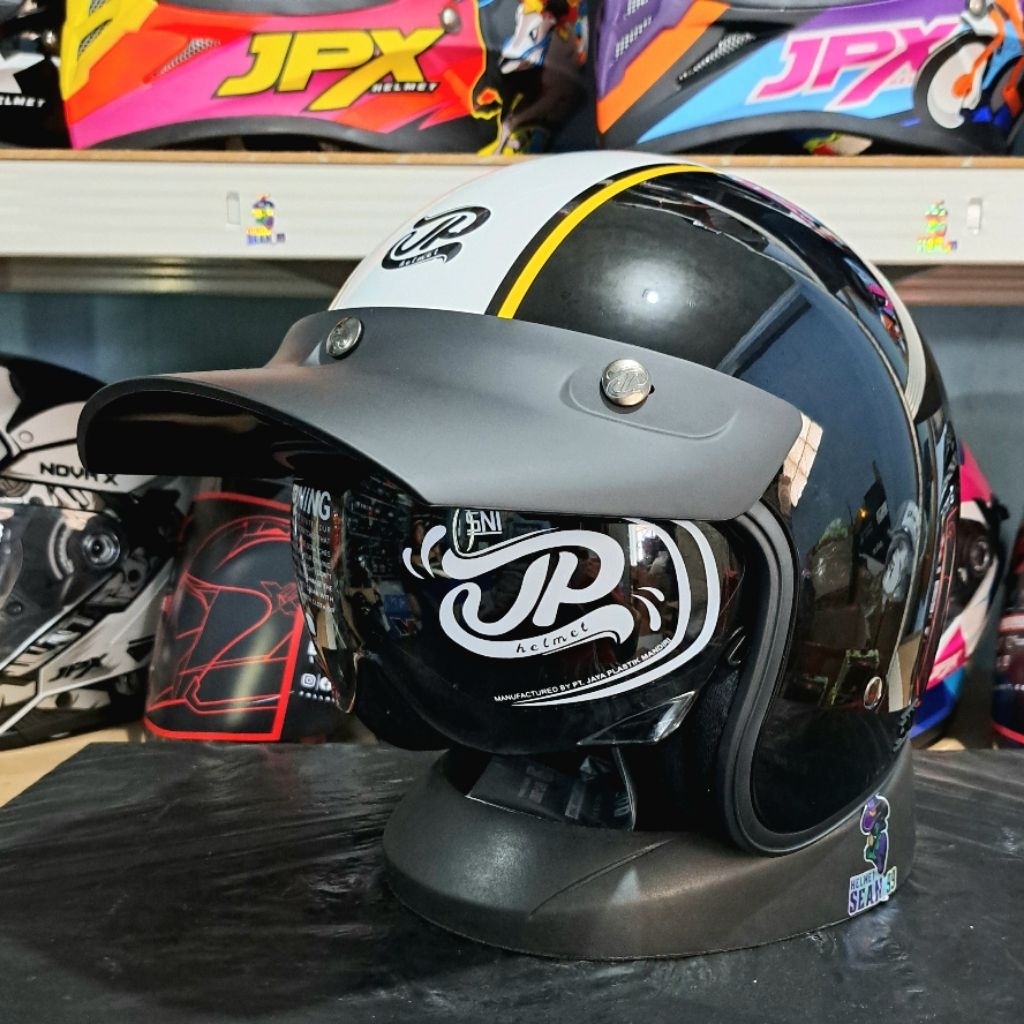 HELM JPX RETRO JP SIGNATURE OPEN FACE SO MOTIF 04 SUPER BLACK HALF FACE ORIGINAL SNI DOT | HELM RETR