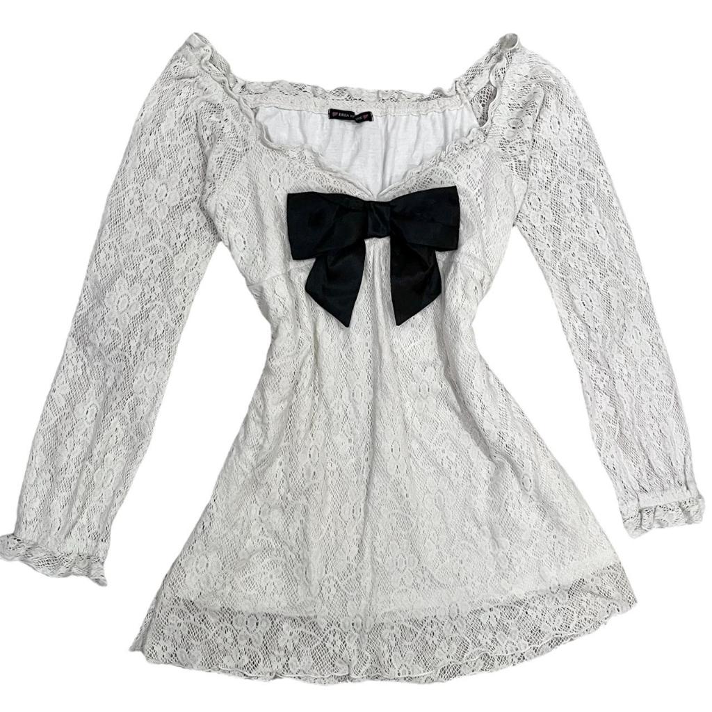 Floral Knit Bustier Babydoll Ribbon Off Shoulder Top / Mini Dress | rajut bunga sabrina soft jaring 