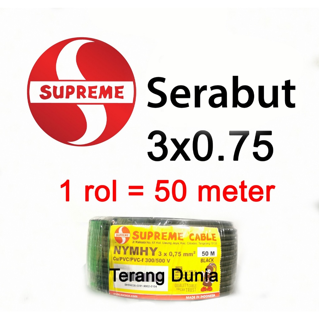 Kabel 3x0.75 supreme 1 rol 50meter Kabel Serabut 3x0.75 Supreme 50meter Kabel nymhy 3x0.75 Supreme K