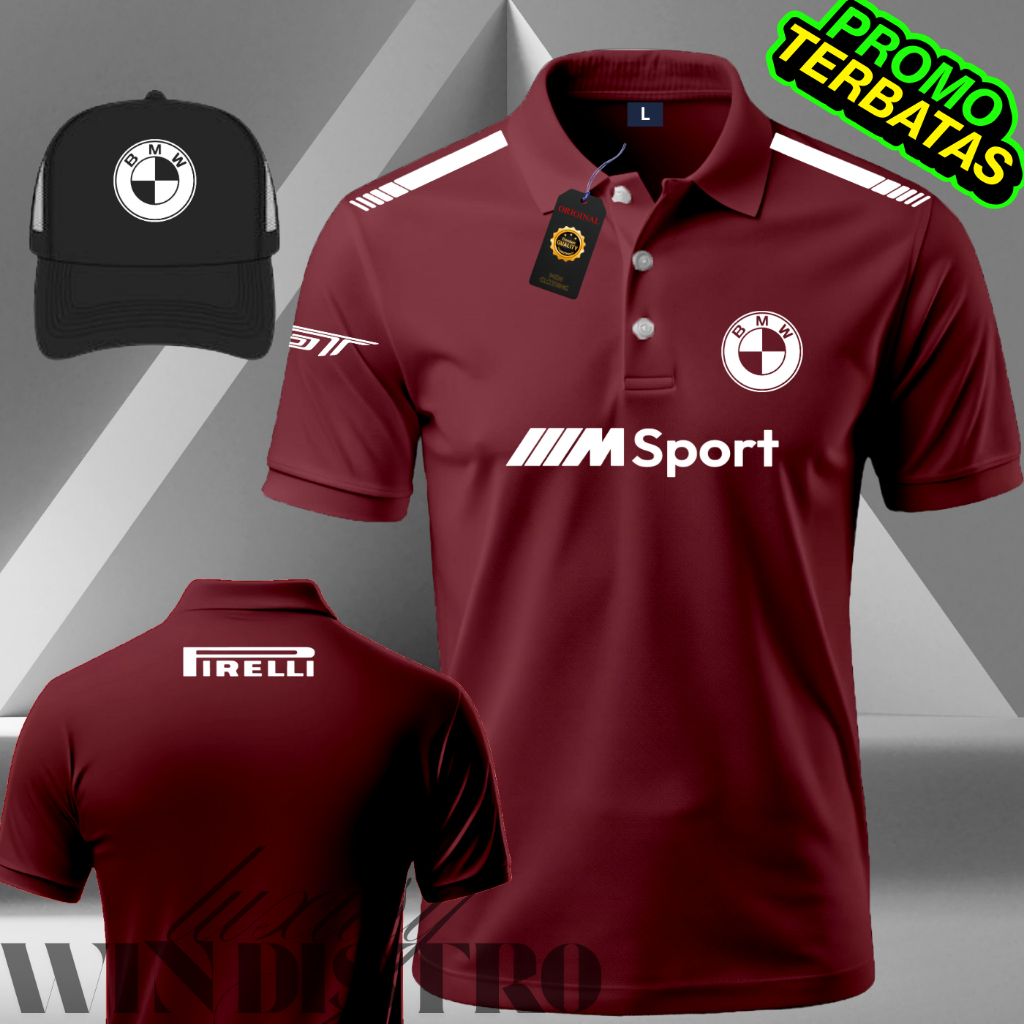 Polo Shirt Racing B.M.W Hitam/Putih Pria | Kaos Polo Premium Desain Sporty Elegan + Bonus Topi Ekskl