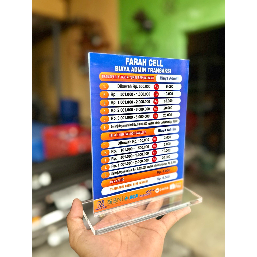 PAPAN MEJA AKRILIK UKURAN 15x20cm AGEN BANK BRI BRILINK BRI-LINK BISA CUSTOM BIAYA LAYANAN TARIF