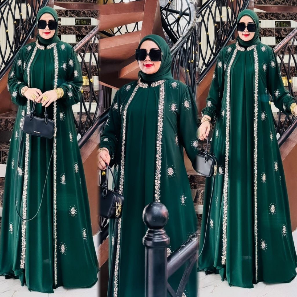 Zifa Fashion || Cod || Melati Dress Vol 2 +Hijab Segi4 || Gamis Set Cruty Aksen Bordir Payet Tabur C