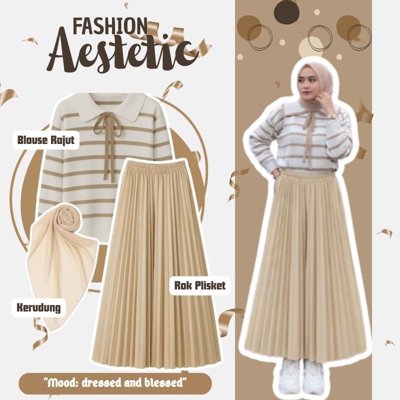 One Set Ootd Wanita  ( Blouse Rajut + Rok Plisket +  Hijab Segiempat ) Baju Remaja Korean Style - 02