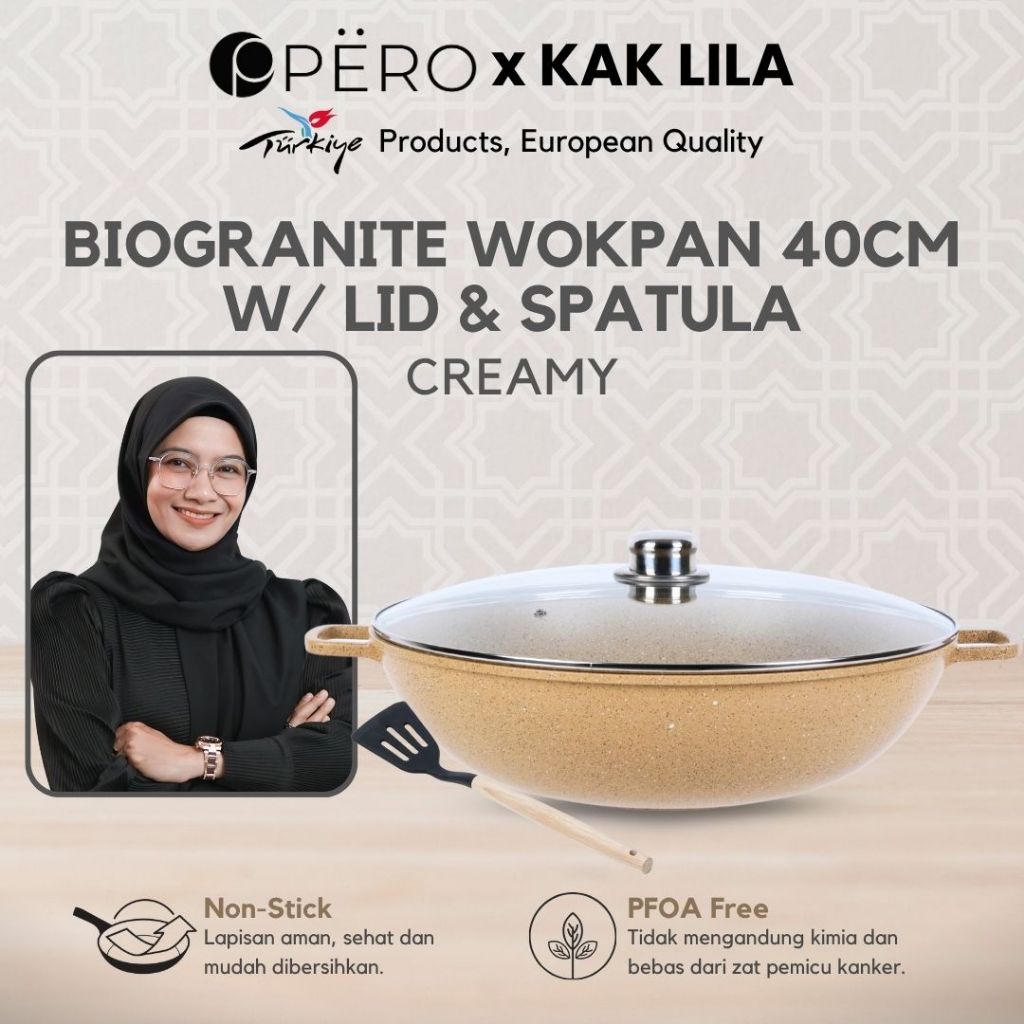 [Kak Lila] Pero Wok 40cm Biogranite 2 Handle Glass Lid with Spatula / Wajan Biogranite Anti Lengket