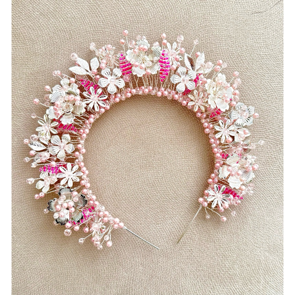 Mahkota wedding hiasan kepala pernikahan model liona pink mix silver
