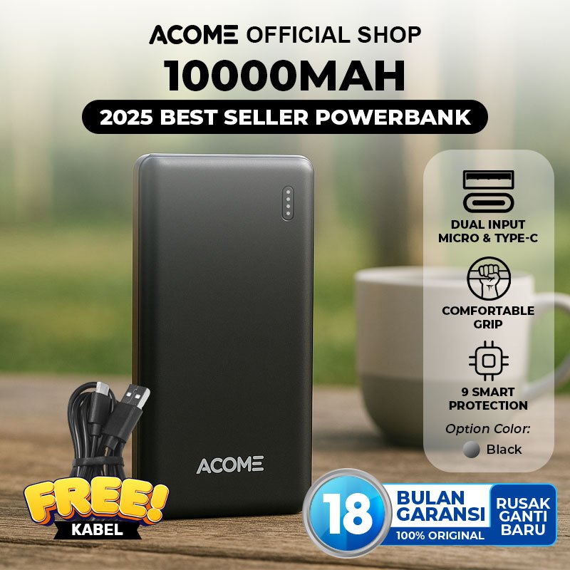 NEW ACOME Powerbank PB 10000mAh 2.1A Dual Port Micro & Type-C Powerbank Travel Friendly Original
