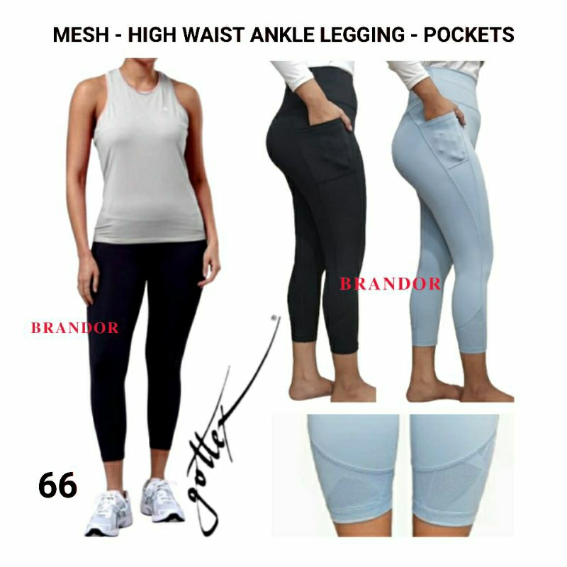 Brandor - MESH PANEL -  HIGH WAIST CAPRIS 7/8 - 2 SIDE POCKET - Gottex ( gtlg66 ) Gym Yoga Fitness R