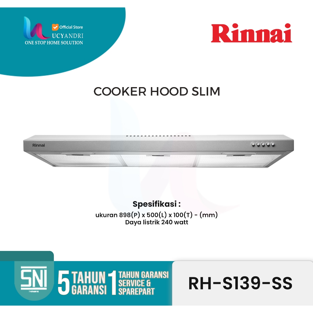 Rinnai RHS139SS Cooker Hood | Slim Design | Penyedot Asap Dapur | Bahan Stainless & Mudah Dibersihka