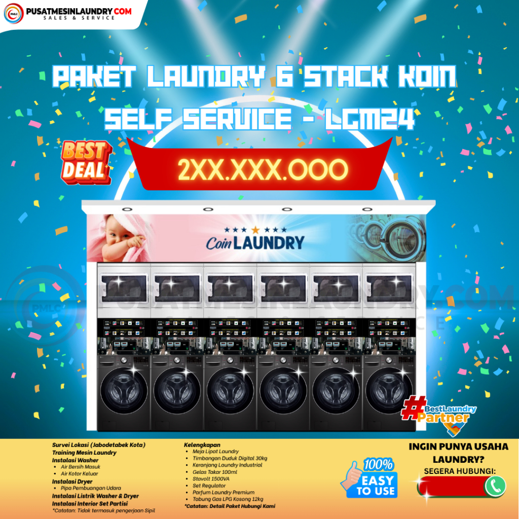 Paket Laundry 6 Stack Koin Self Service LGM24 Washer 24kg & Dryer Maytag 15kg Gas Efisien Praktis Se