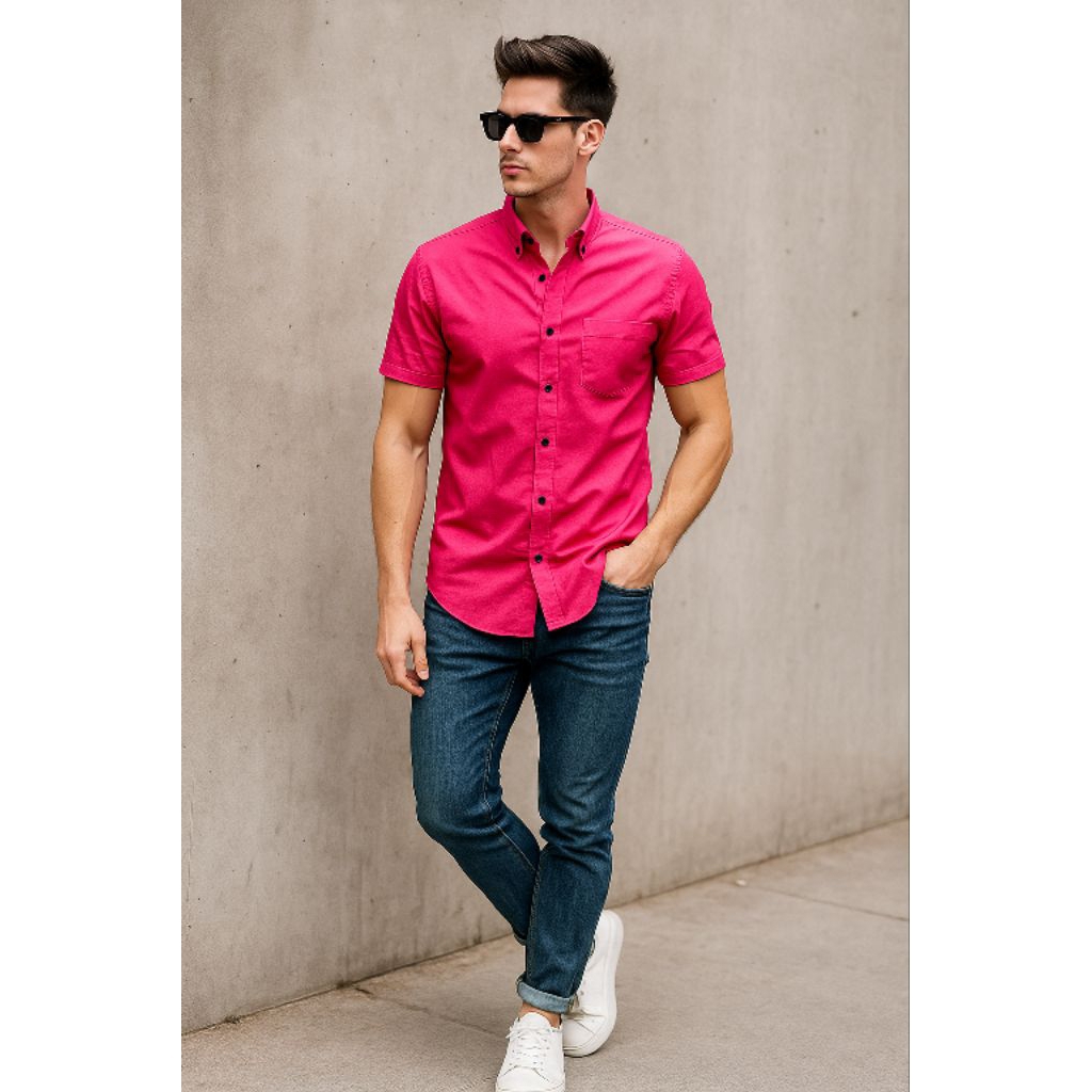 Kemeja pendek warna Pink Fanta cowok cewek kemeja katun original pink cerah