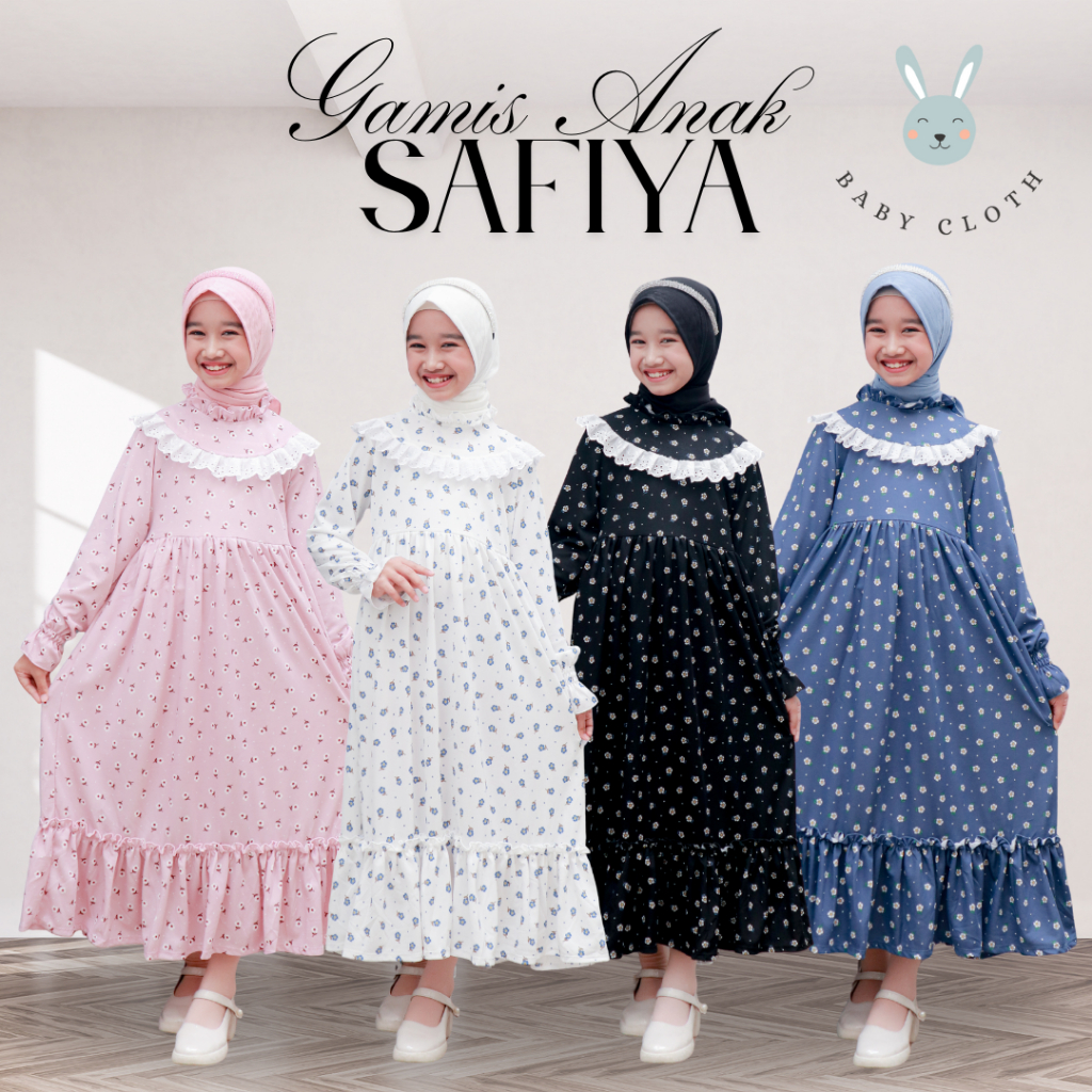 GAMIS+HIJAB ANAK SAFIYA SMLXL BABY.CLOTH UNTUK UMUR 3-14TAHUN GAMIS ANAK PANJANG VIRAL GAMIS LEBARAN