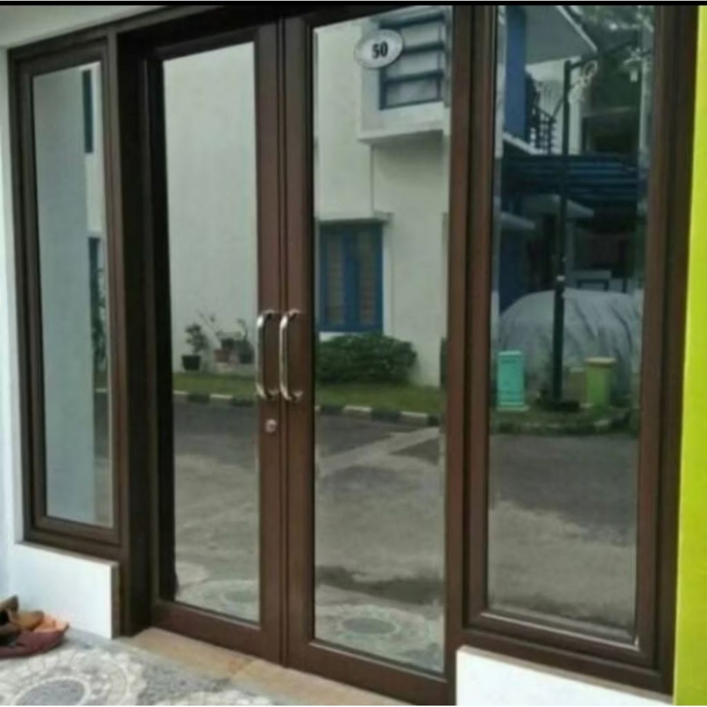 PINTU DOUBLE KACA ALUMUNIUM+KUSEN 3 inchi LENGKAP dengan DUA DAUN JENDELA KANAN DAN KIRI BISA COSTUM