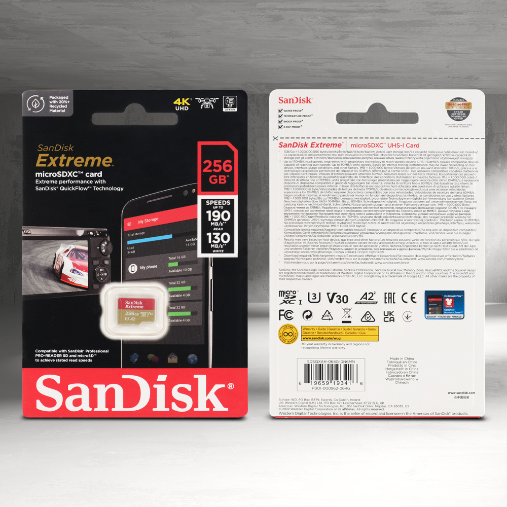 Micro SD SanDisk Extreme microSDXC UHS-I Card V30 A2 U3 256GB Original up to 190 MB/s Smartphone And