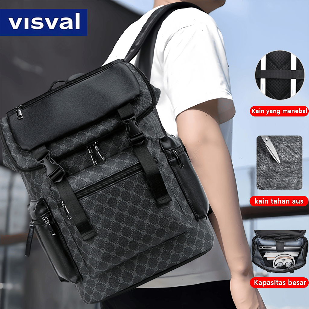 [100%Asli]Visval Ransel bisnis hitam, Ransel kulit kasual pria dan wanita, tas kulit mewah pria dan 