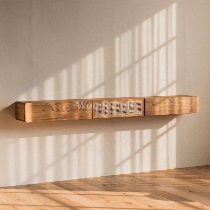 Rak TV Gantung Minimalis Kayu Solid & Rotan – Scandinavian Natural Floating TV Cabinet Modern