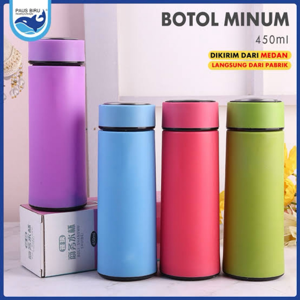 Botol Minum Kaca Life Polos / Botol Termos Tumbler Air Panas Dingin 450ml / Botol Minum Warna Viral 