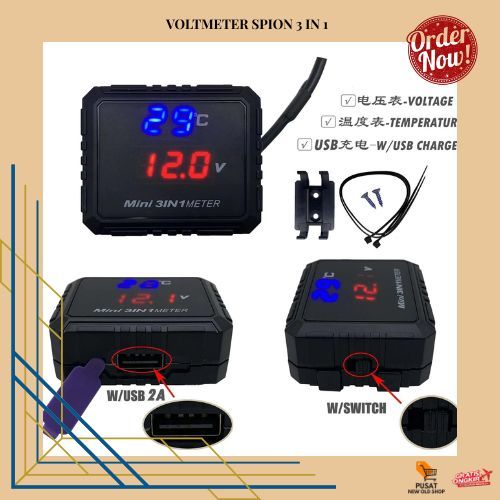 VOLTMETER SPION 3 IN 1 PLUS BREKET MODE JAM SUHU AKI PNP HIGH VOLTEG 3 UNIVERSAL