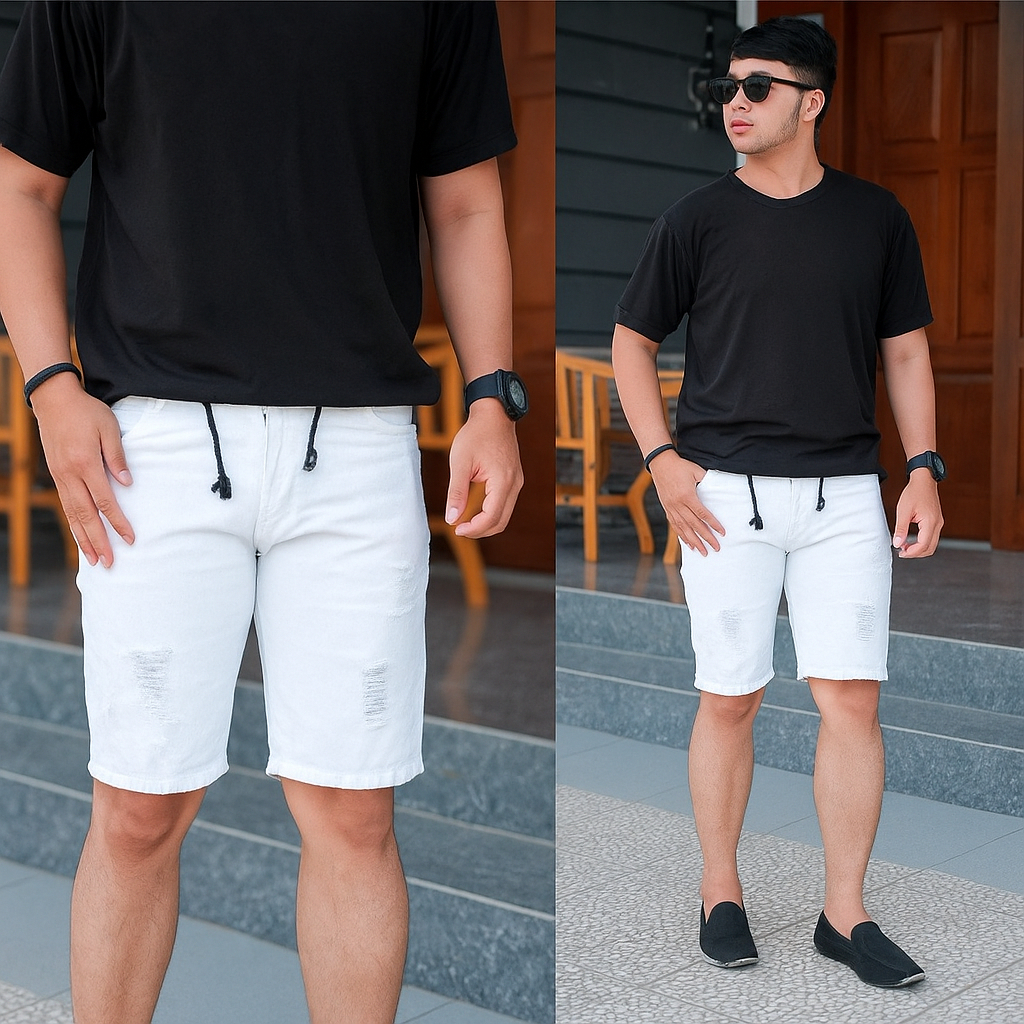 Celana Jeans Pendek Sobek Pria Kekinian Celana pendek sobek jeans pria premium putih