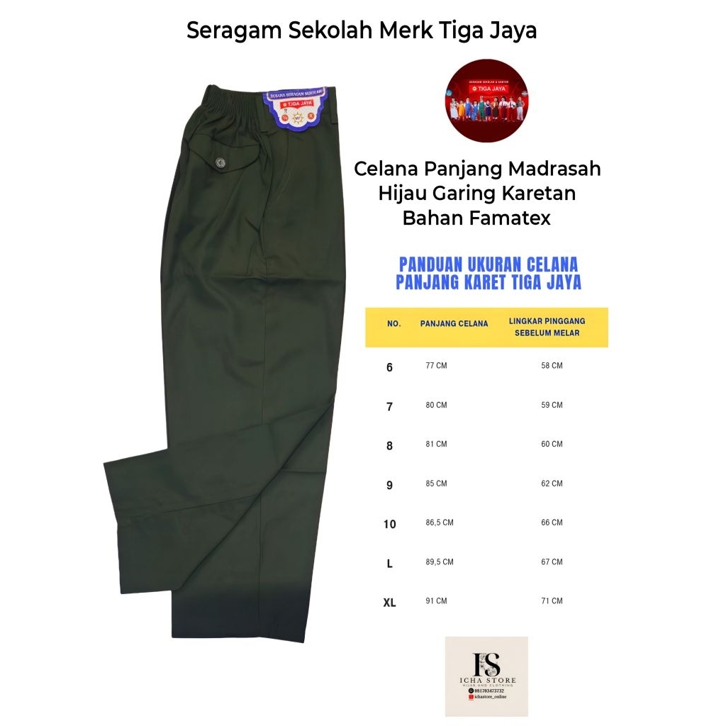 Seragam Sekolah Tiga Jaya Celana Panjang Madrasah MI Hijau Garing Pinggang Karet